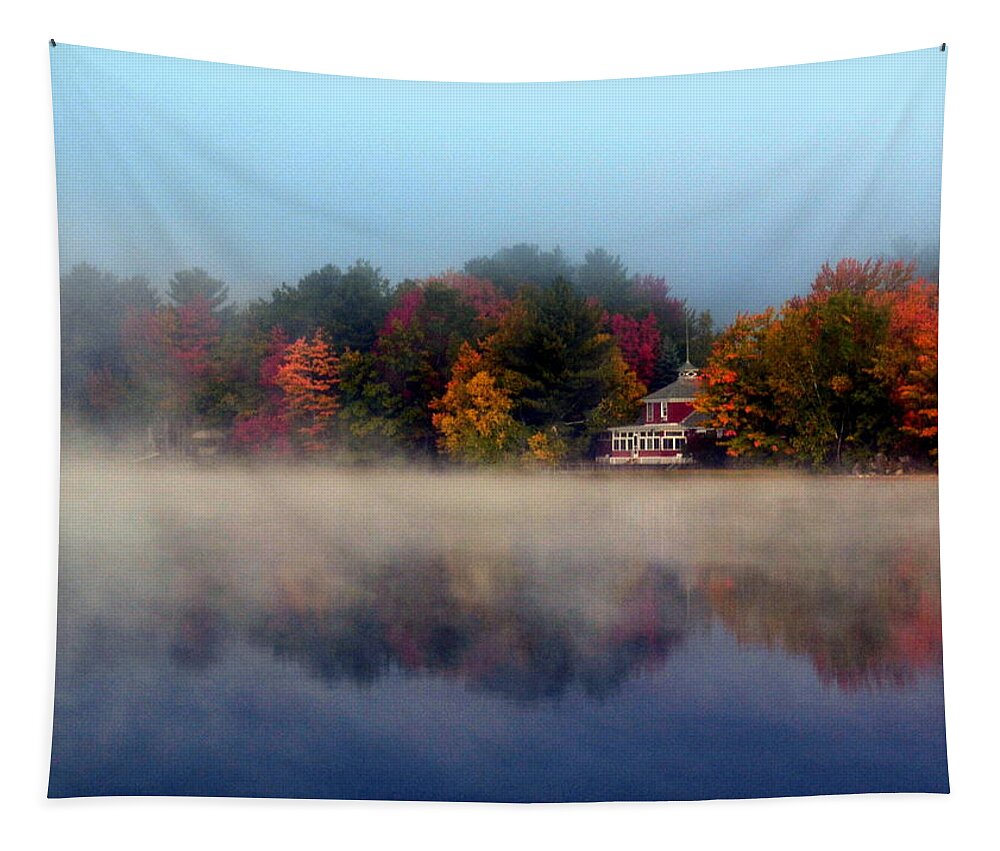 Poland Spring Tapestry featuring the photograph Foggy Fall Reflections by Colleen Phaedra