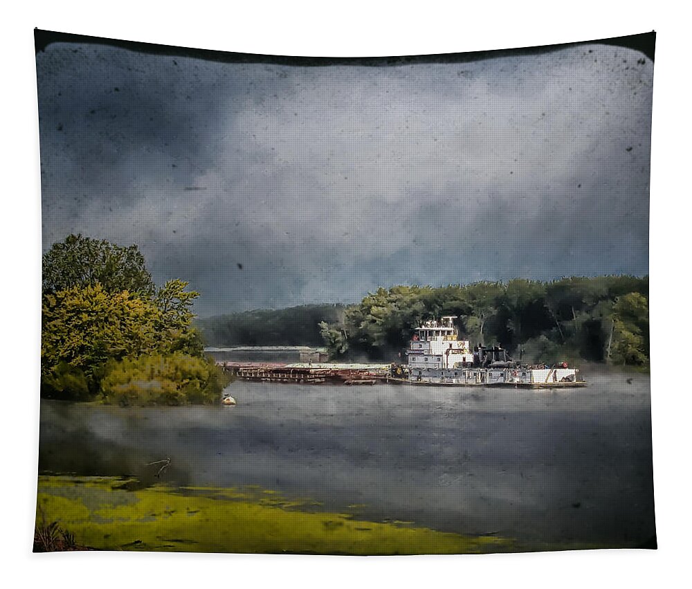 Landscape Tapestry featuring the photograph Foggy Morning at the Barge Harbor by Al Mueller