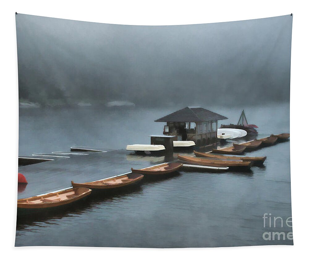 Lake Tapestry featuring the painting Foggy Morning At The Lake by Judy Palkimas