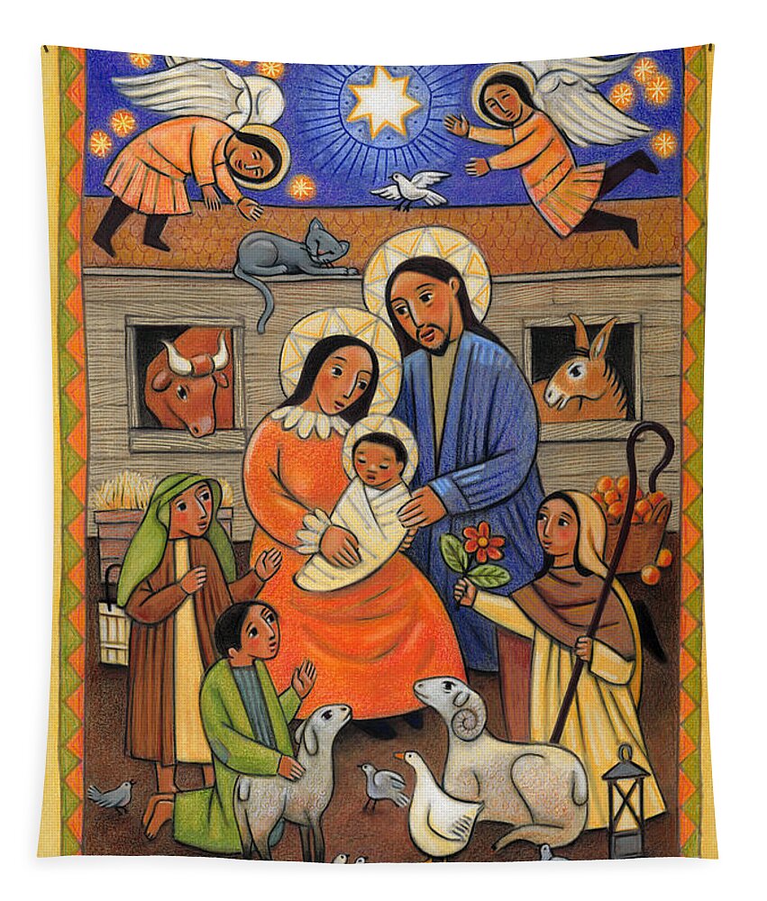 Folk Nativity Tapestry featuring the painting Folk Nativity - JLFON by Julie Lonneman