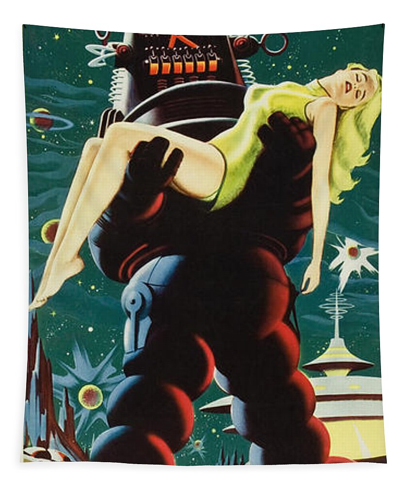 Forbidden Planet Tapestry featuring the painting Forbidden Planet in CinemaScope retro classic movie poster portraite by Vintage Collectables