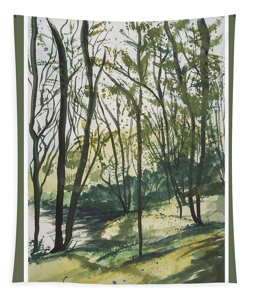 Tree Tapestry featuring the painting Forest by the lake by Manuela Constantin