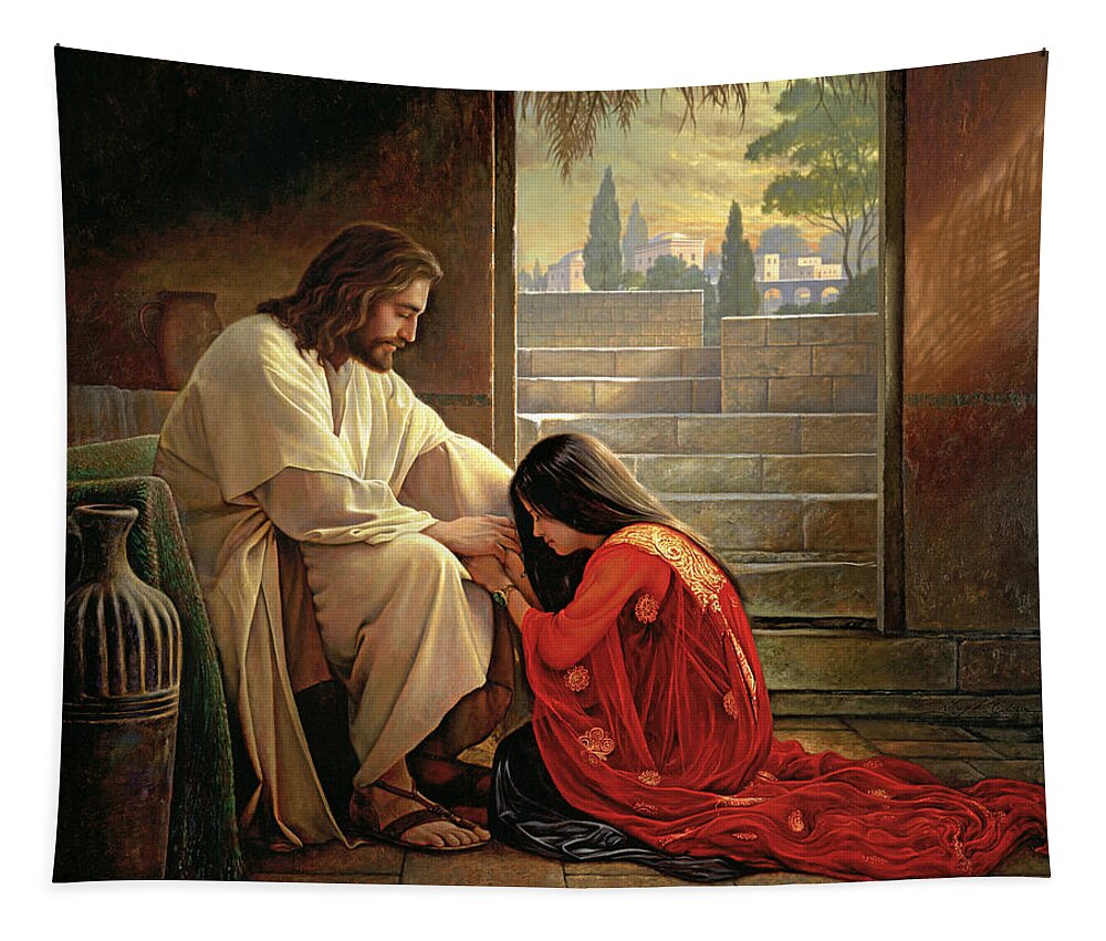 Jesus Tapestry featuring the painting Forgiven by Greg Olsen