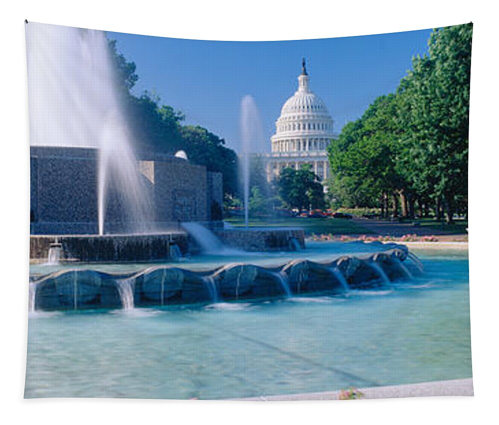 Photography Tapestry featuring the photograph Fountain And Us Capitol Building by Panoramic Images