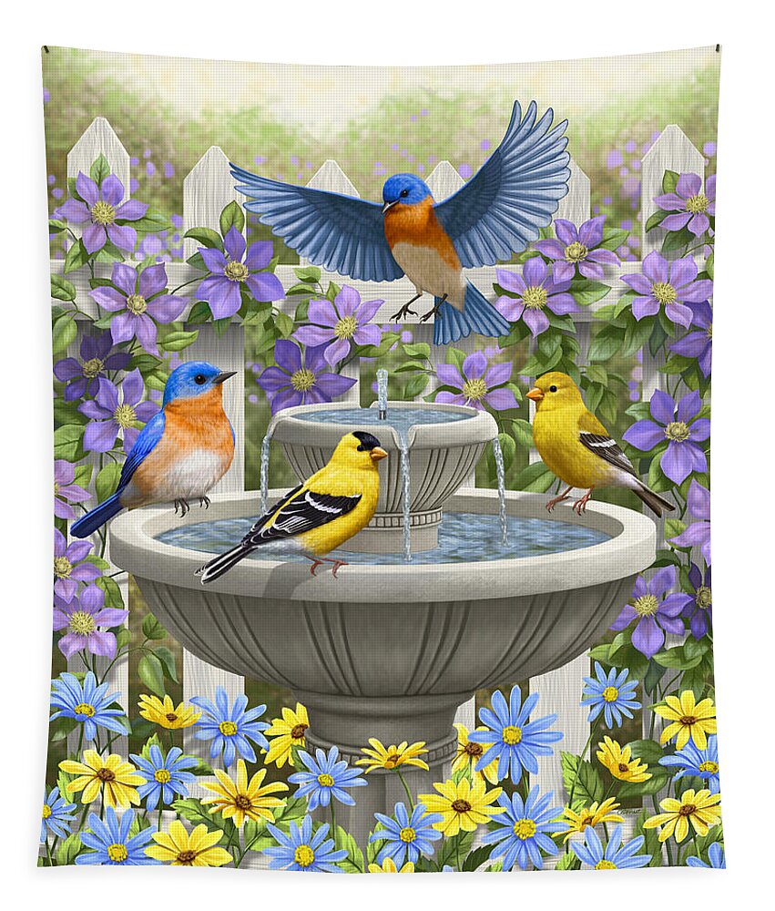 Eastern Bluebird Tapestry featuring the painting Fountain Festivities - Birds and Birdbath Painting by Crista Forest
