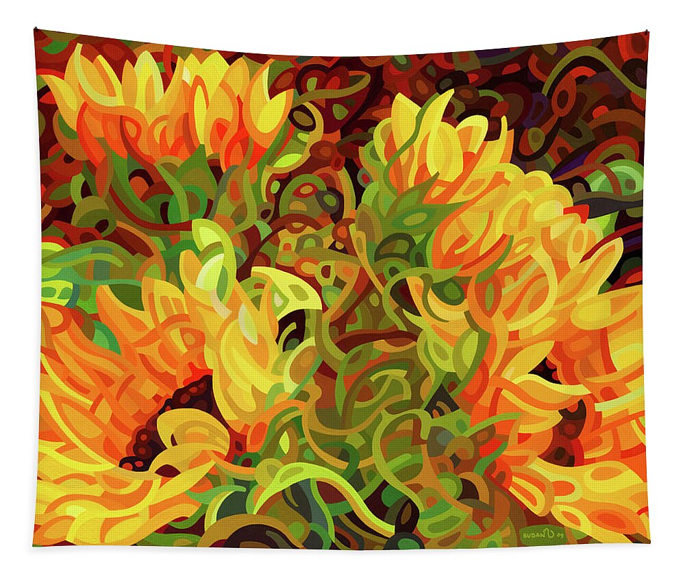 Fine Art Tapestry featuring the painting Four Sunflowers by Mandy Budan