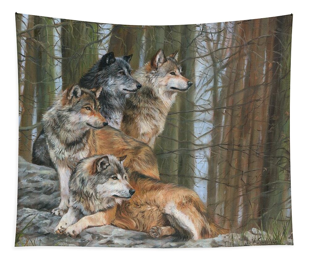 Wolf Tapestry featuring the painting Four Wolves by David Stribbling
