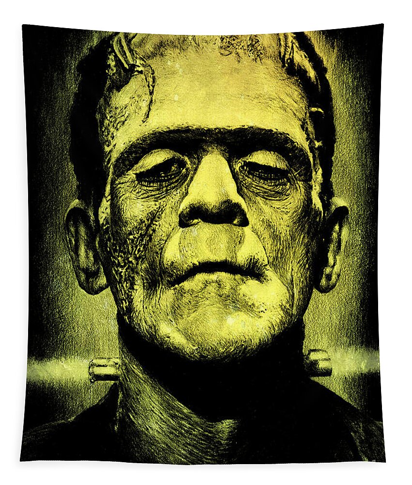 Frankenstein Tapestry featuring the drawing Frankenstein green glow version by Andrew Read