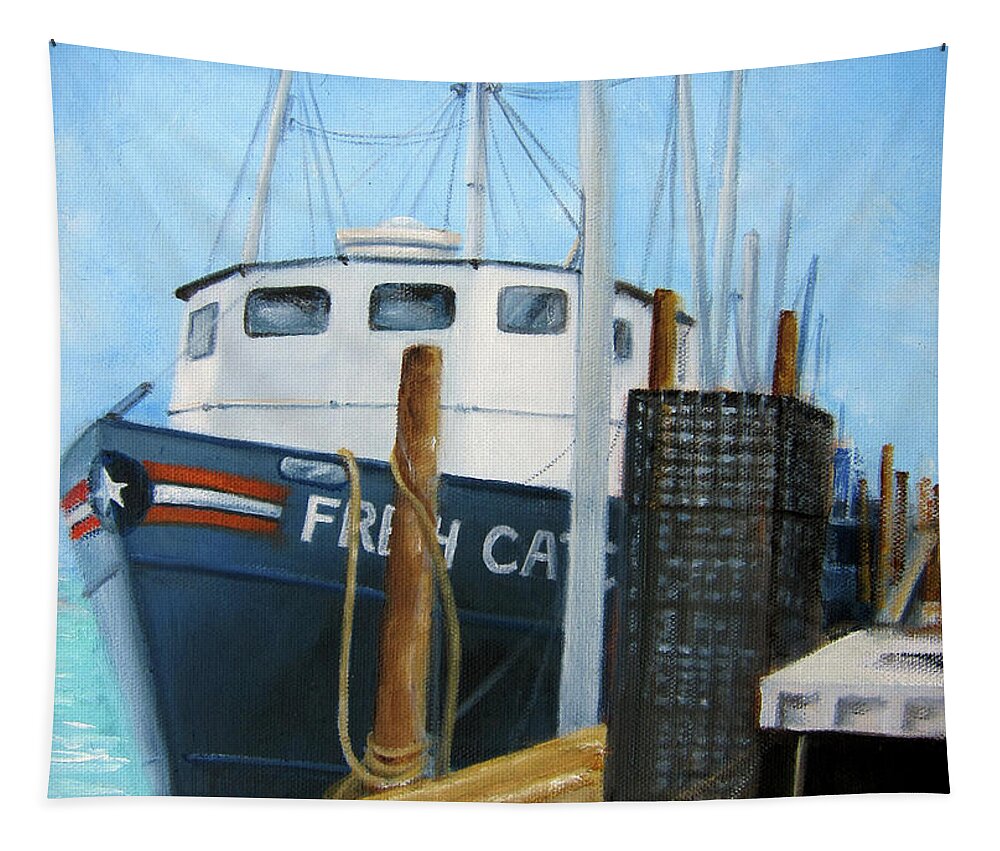 Belford Fishing Port Tapestry featuring the painting Fresh Catch Fishing Boat by Leonardo Ruggieri