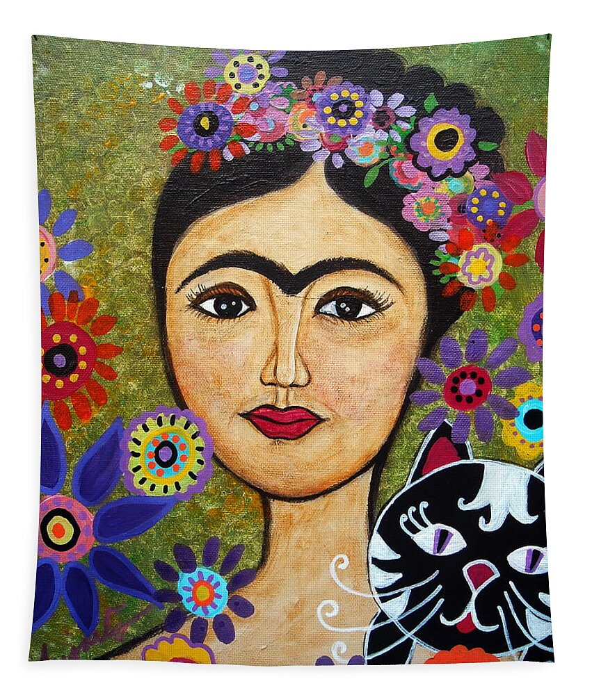 Frida Tapestry featuring the painting Frida Kahlo And Cat by Pristine Cartera Turkus