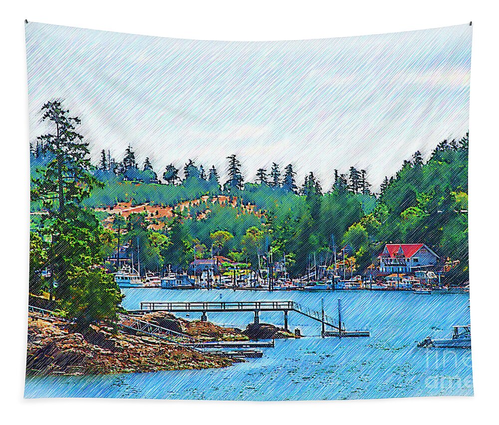 Friday-harbor Tapestry featuring the digital art Friday Harbor Sketched by Kirt Tisdale