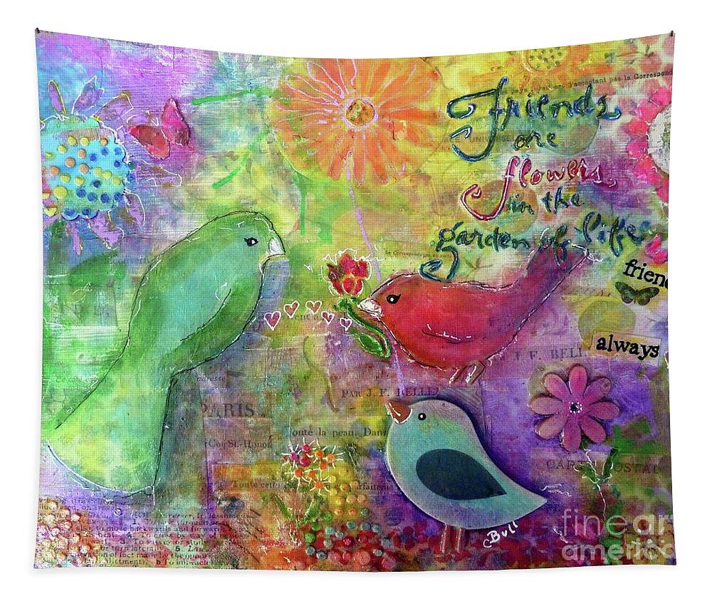 Bird Tapestry featuring the painting Friends Always Together by Claire Bull