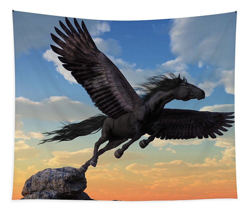 Black Pegasus Tapestry featuring the digital art Friesian Pegasus by Daniel Eskridge