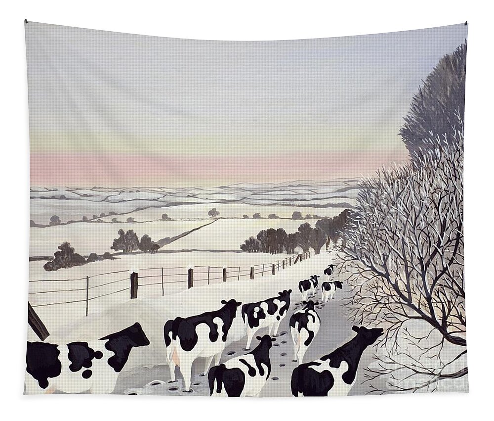 Fence Tapestry featuring the painting Friesians in Winter by Maggie Rowe