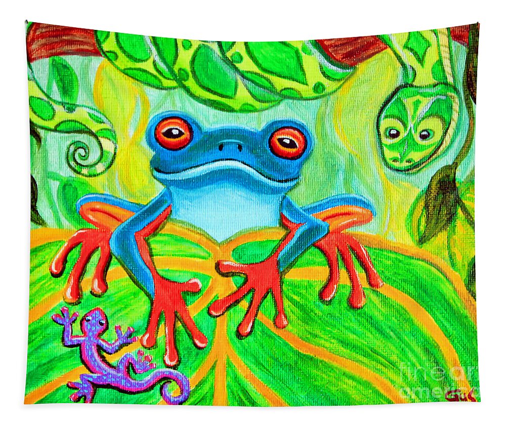 Frog Art Tapestry featuring the painting Frog Snake and Gecko in the Rainforest by Nick Gustafson