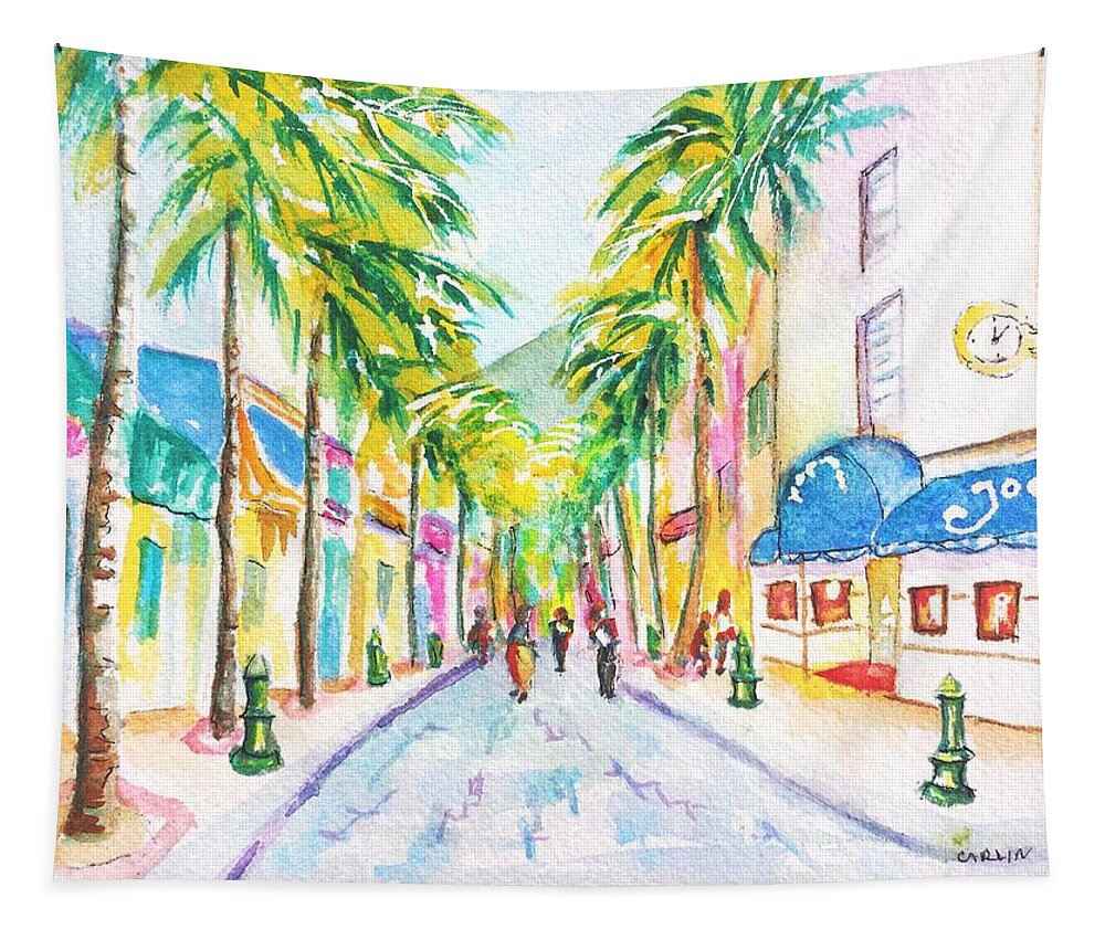 St. Martin Tapestry featuring the painting Front Street Philipsburg St. Maarten by Carlin Blahnik CarlinArtWatercolor
