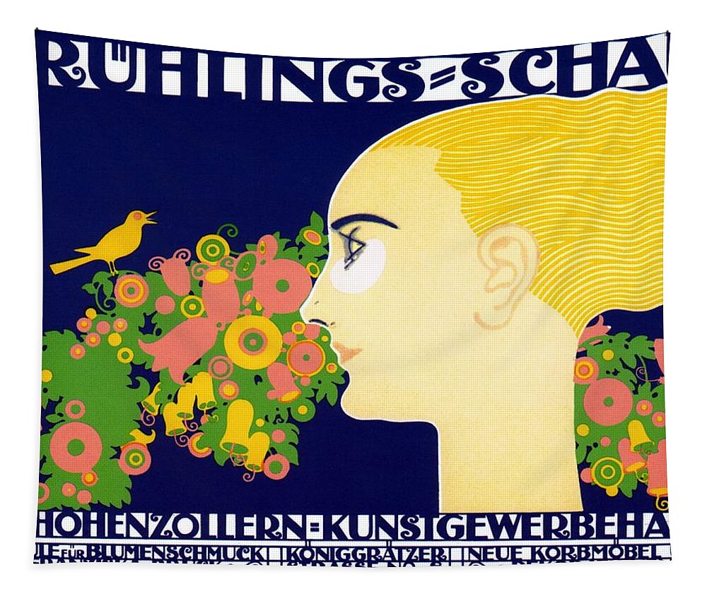 Fruhlings Schau Tapestry featuring the mixed media Fruhlings Schau - Spring Show - Arts and Crafts Fair - Vintage German Exposition Poster by Studio Grafiikka