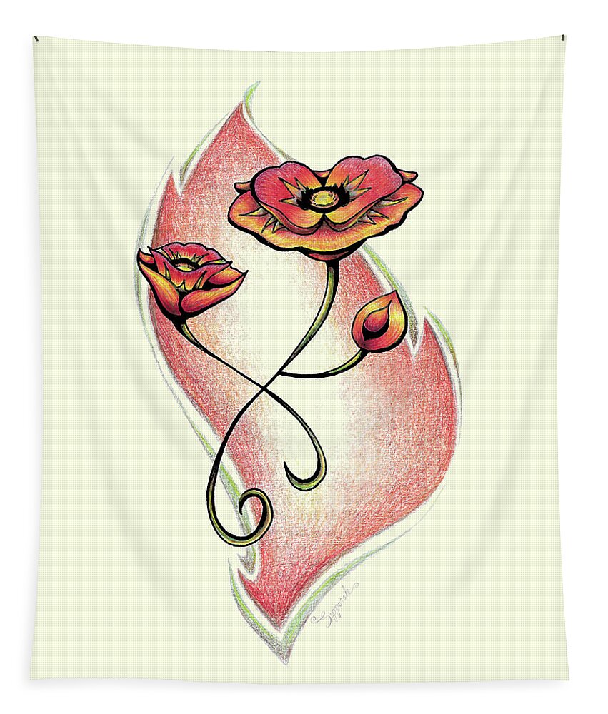 Nature Tapestry featuring the drawing Vibrant Flower 1 Poppy by Sipporah Art and Illustration