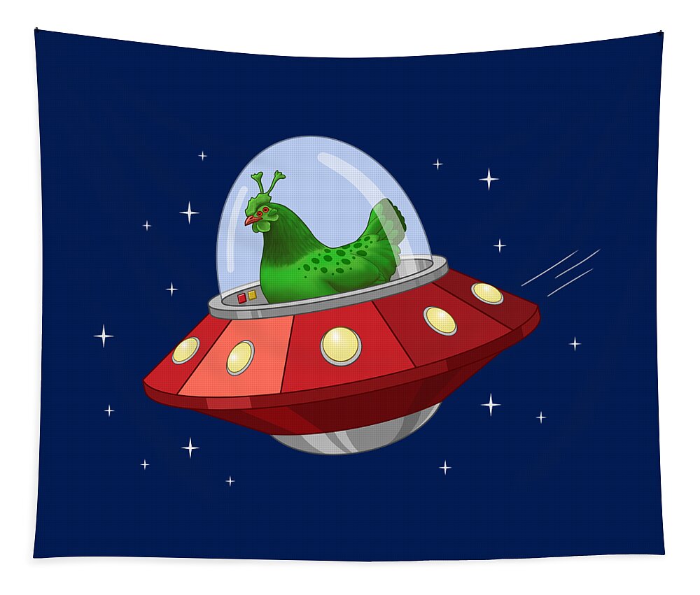 Aliens Tapestry featuring the painting Funny Green Alien Martian Chicken In Flying Saucer by Crista Forest