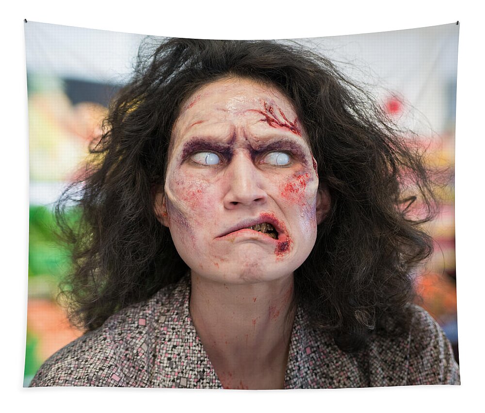 Zombie Tapestry featuring the photograph Funny zombie grimace by Matthias Hauser