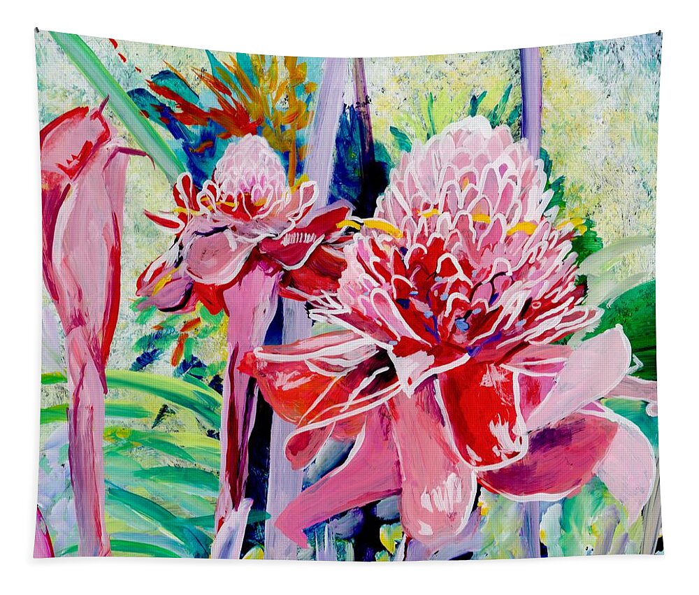 Torch Ginger Painting Tapestry featuring the painting Garden of Gingers by Marionette Taboniar