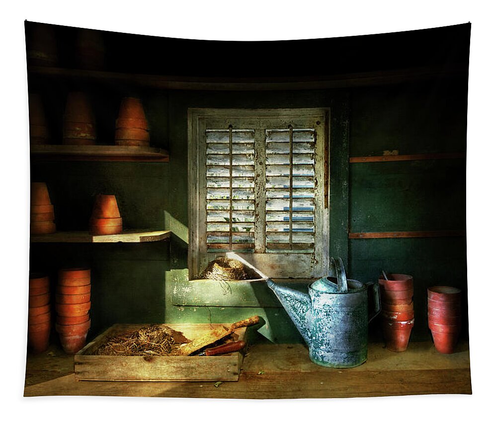 Gardener Tapestry featuring the photograph Gardener - The potters shed by Mike Savad