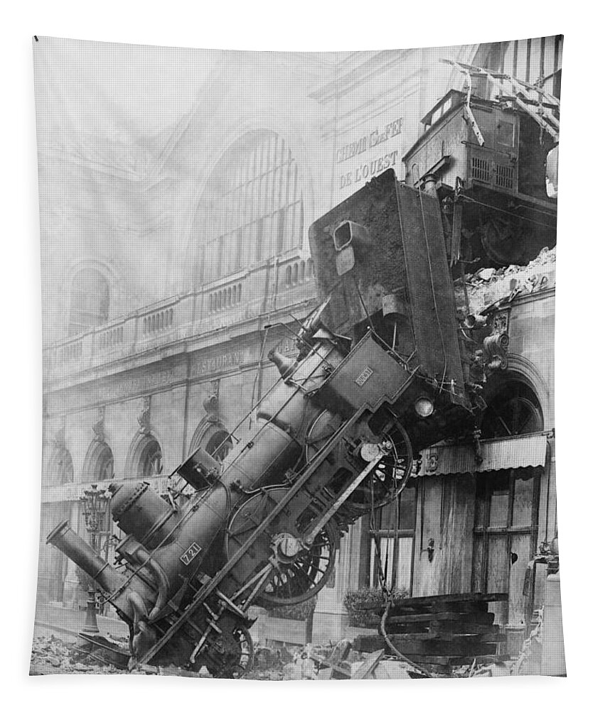 Historic Tapestry featuring the photograph Gare Montparnasse Train Wreck 1895 by Photo Researchers