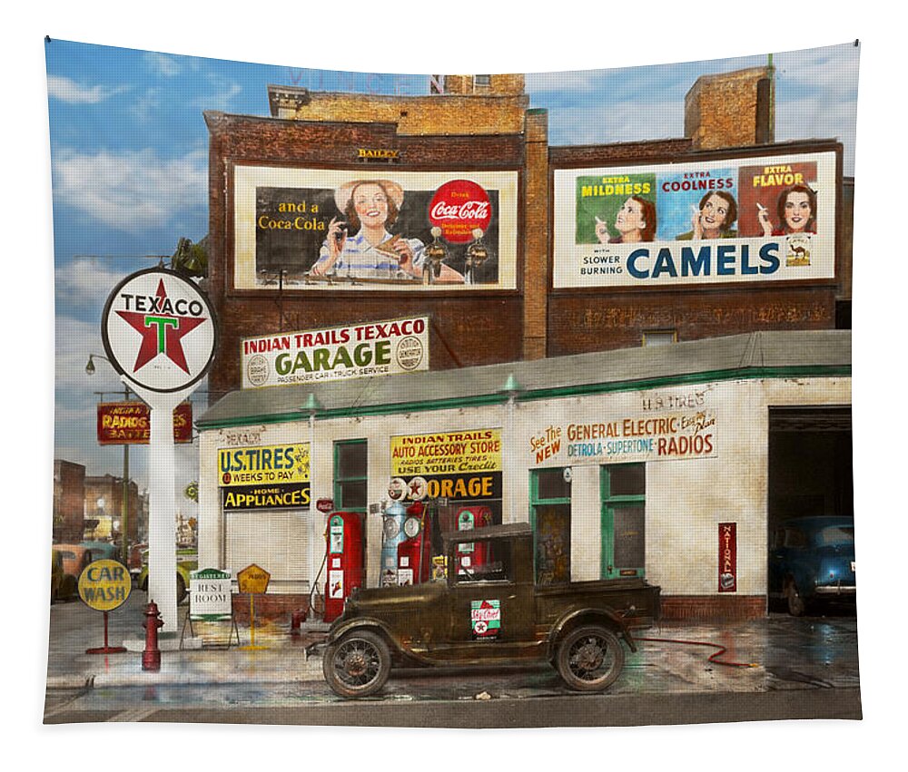 Signs Tapestry featuring the photograph Gas Station - Benton Harbor MI - Indian Trails gas station 1940 by Mike Savad
