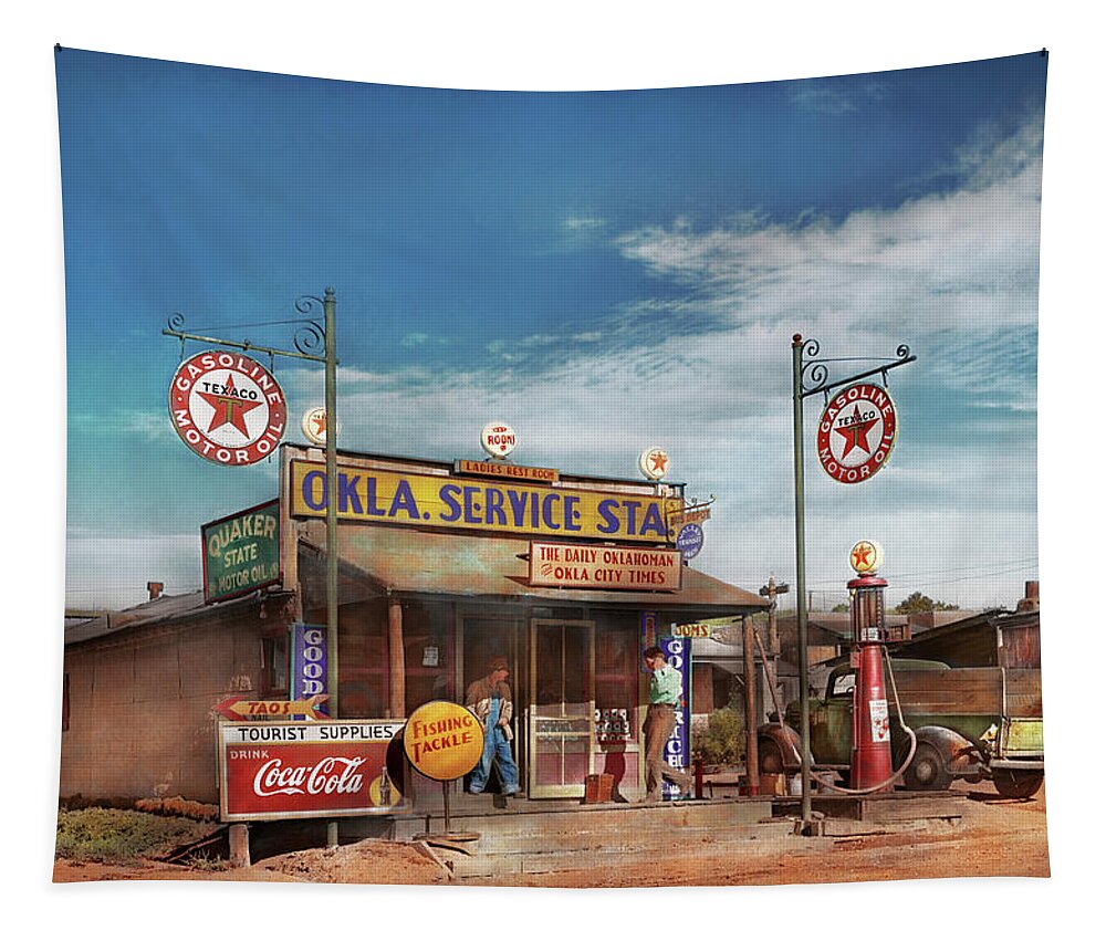 Color Tapestry featuring the photograph Gas Station - Oklahoma Service Station 1939 by Mike Savad