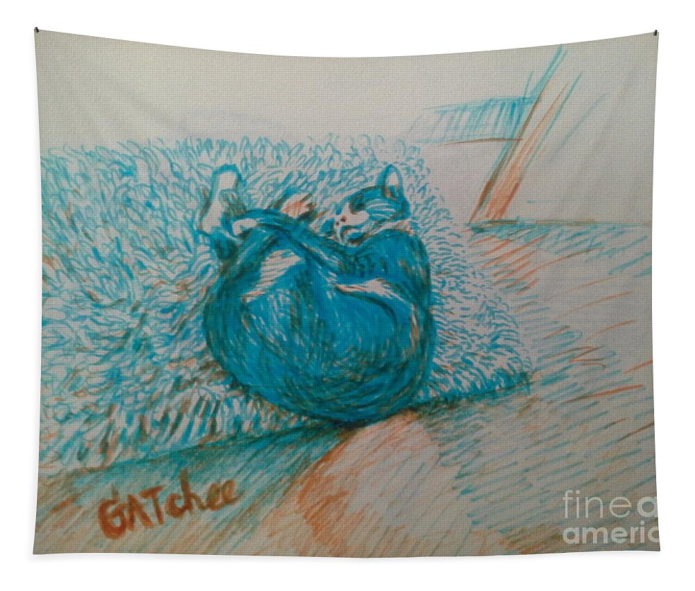 Cat Tapestry featuring the drawing Gatchee has her own dream by Sukalya Chearanantana