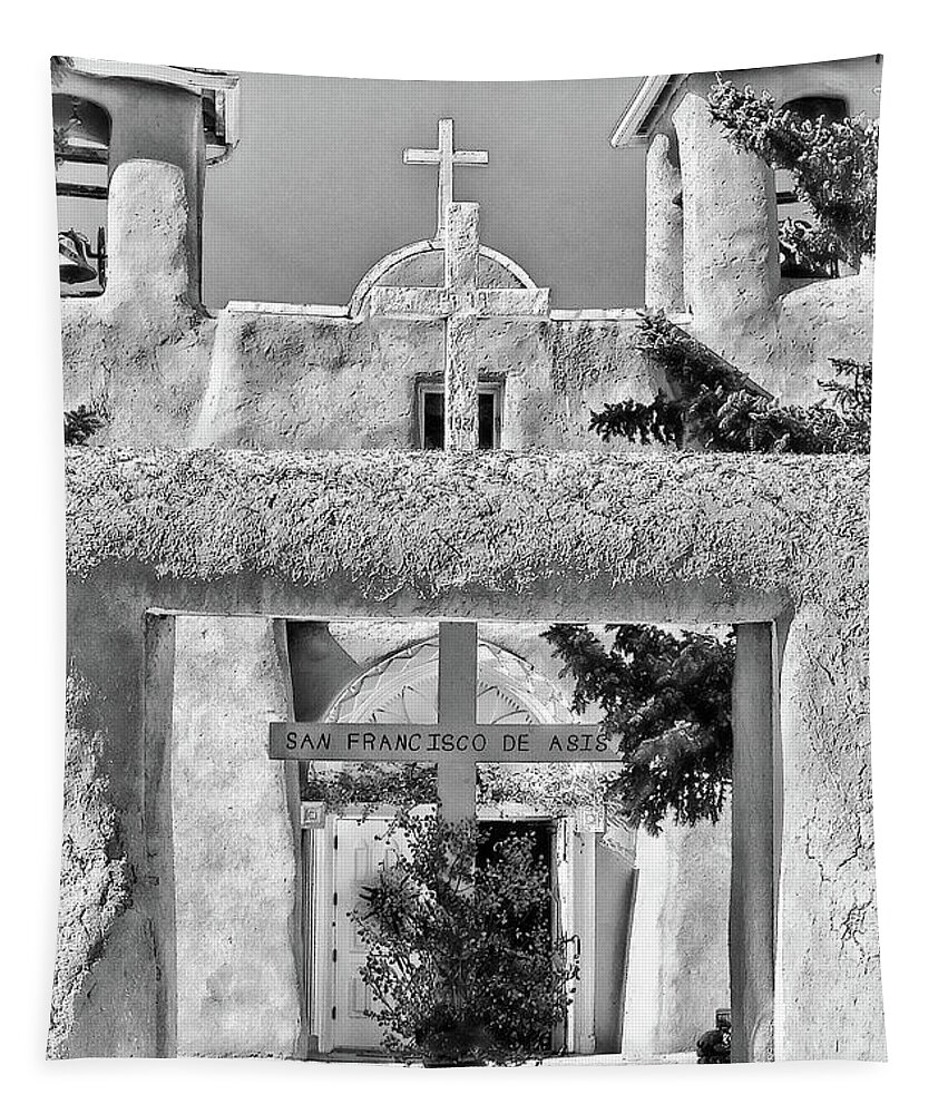 Santa Tapestry featuring the photograph Gate to Ranchos church Black and White by Charles Muhle