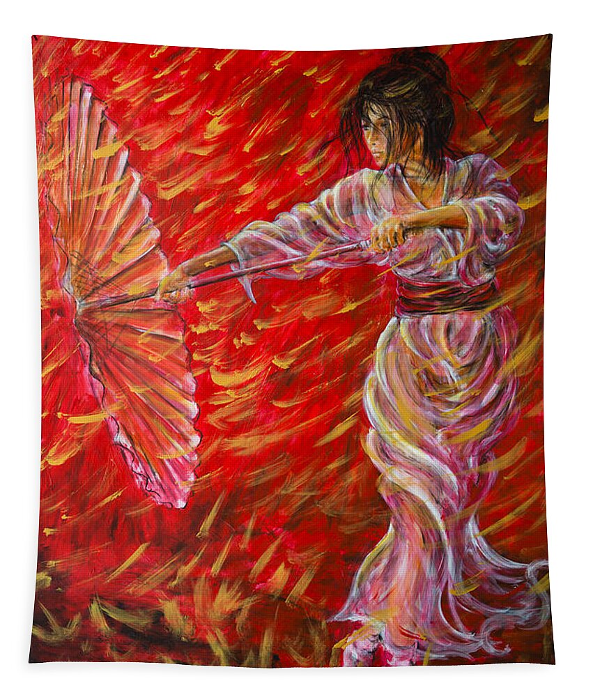 Geisha Tapestry featuring the painting Geisha - Rain Dance 02 by Nik Helbig