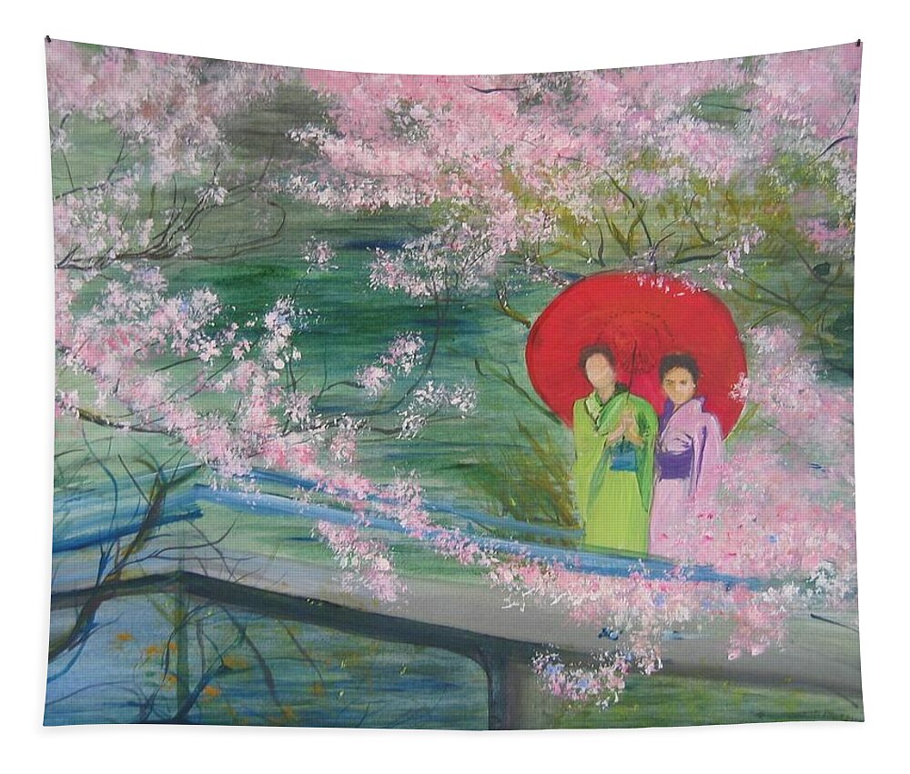 Landscape Tapestry featuring the painting Geishas and Cherry Blossom by Lizzy Forrester