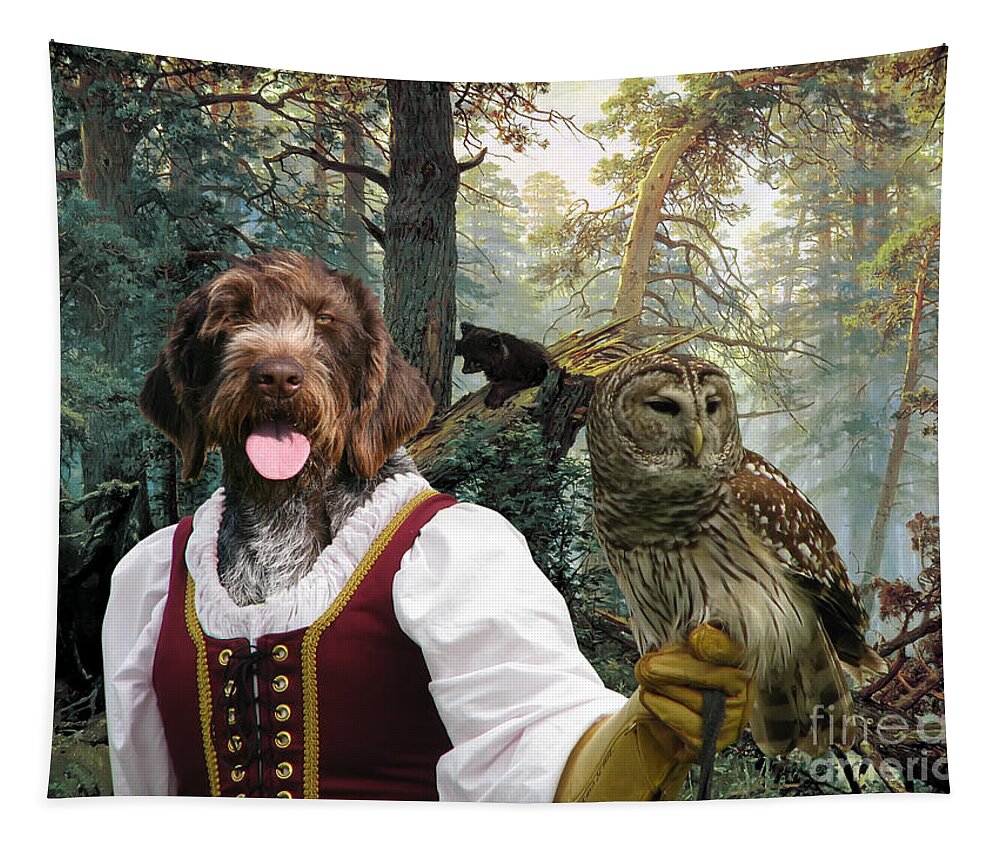German Wirehaired Pointer Tapestry featuring the painting German Wirehaired Pointer Art Canvas Print - Lady Owl and Little Bears by Sandra Sij