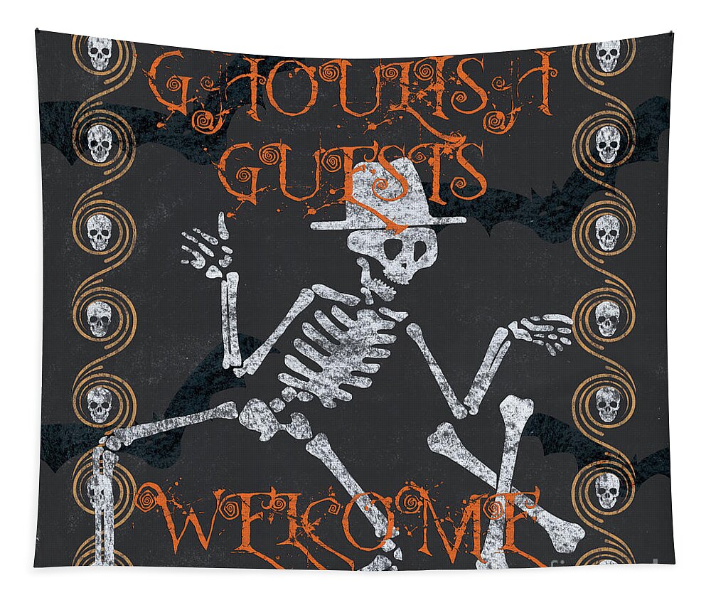 Skeleton Tapestry featuring the painting Ghoulish Guests Welcome by Debbie DeWitt