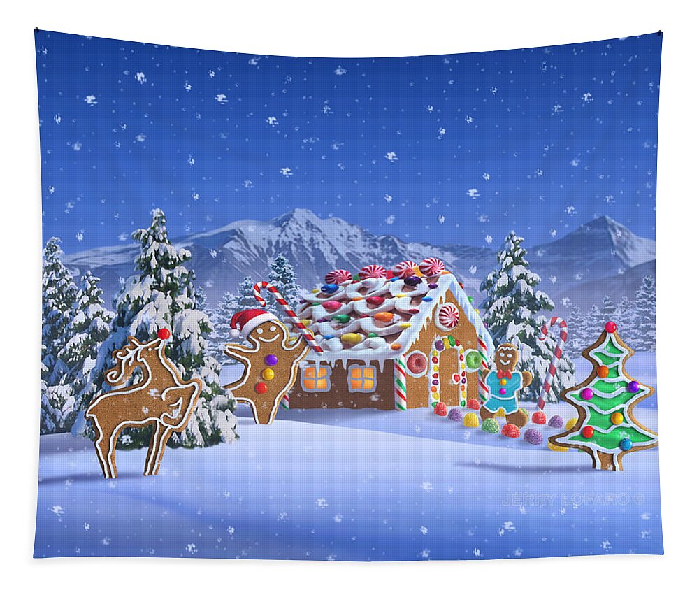 Christmas Tapestry featuring the digital art Gingerbread House by Jerry LoFaro