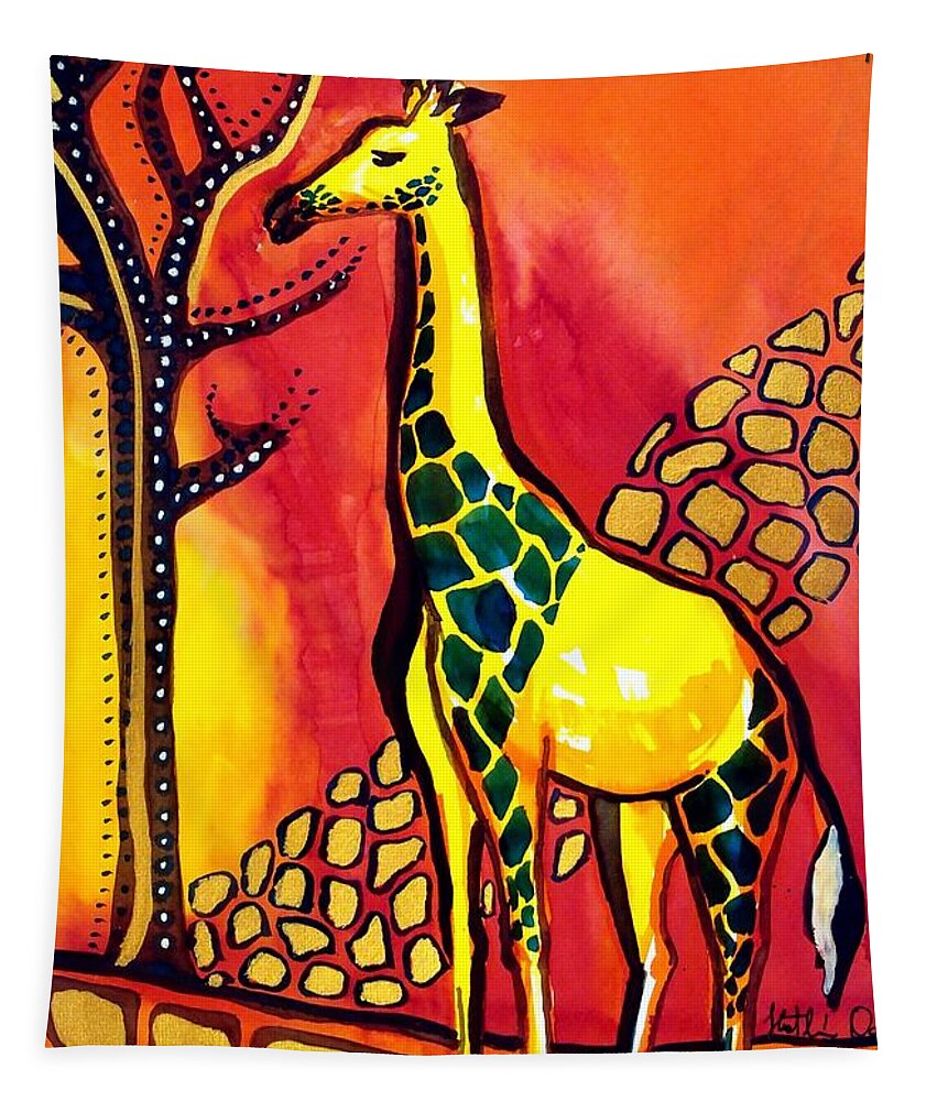 Giraffe Tapestry featuring the painting Giraffe with fire by Dora Hathazi Mendes