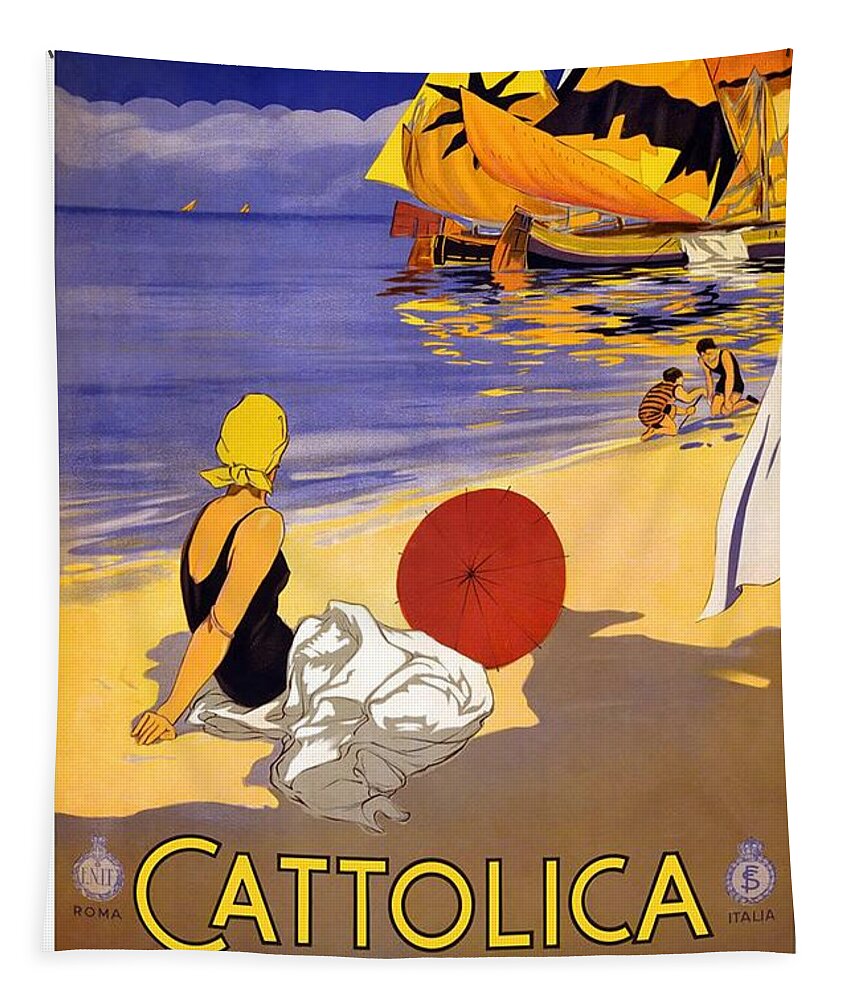 Girl On A Beach Tapestry featuring the painting Girl on a beach in Cattolica Rimini Italy - Vintage Travel Poster by Studio Grafiikka