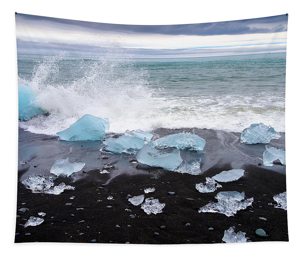 Iceland Tapestry featuring the photograph Glacier ice and black beach in Iceland by Matthias Hauser