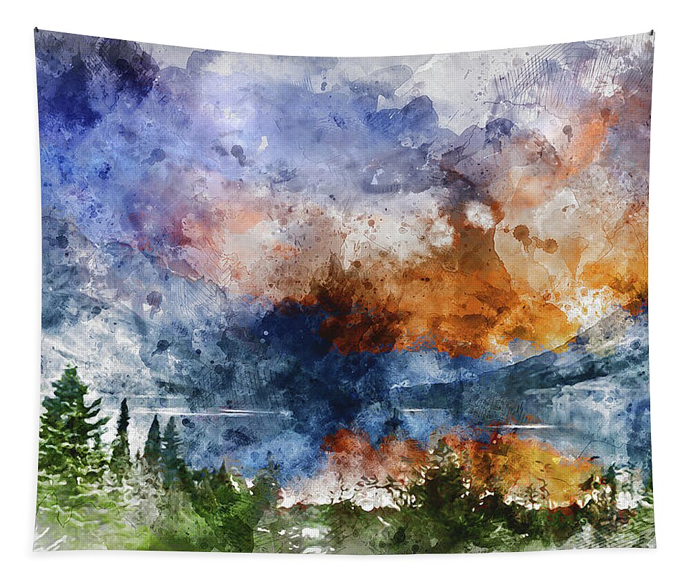 Glacier Tapestry featuring the painting Glacier National Park - Watercolor 05 by AM FineArtPrints