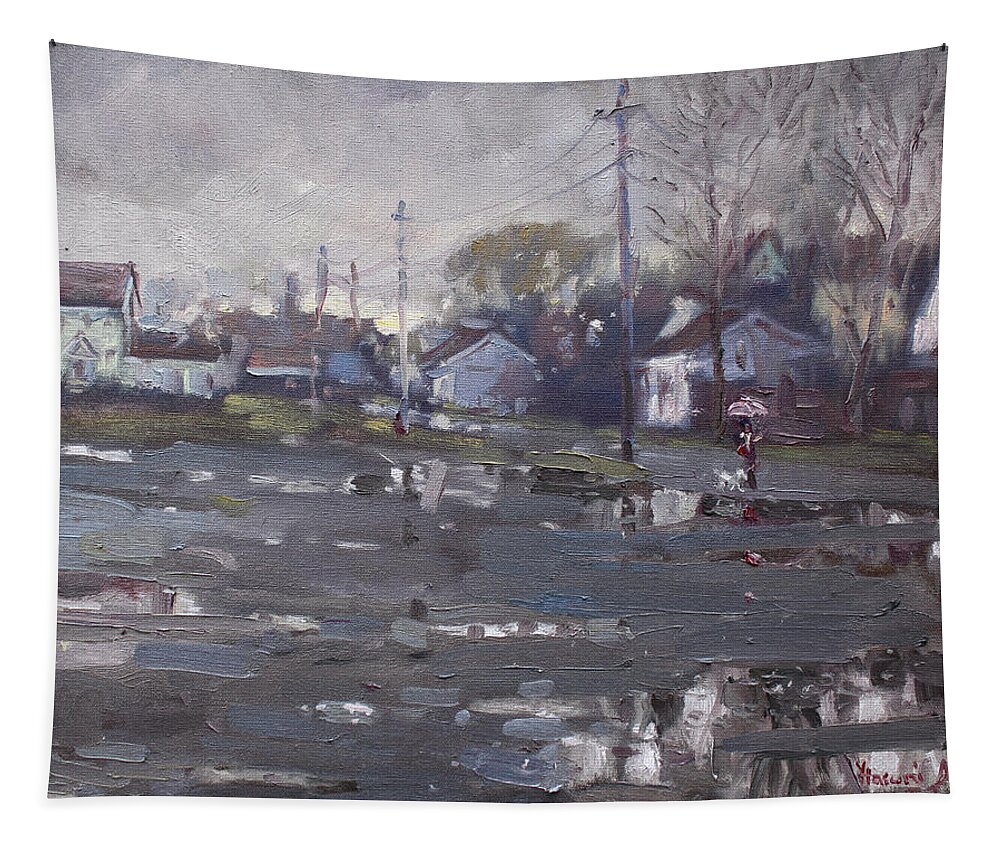 Gloomy Day Tapestry featuring the painting Gloomy and Rainy Day by Hyde Park by Ylli Haruni