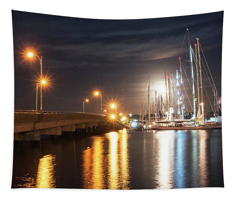 Goat Tapestry featuring the photograph Goat Island Bridge Full Moon Newport RI by Toby McGuire