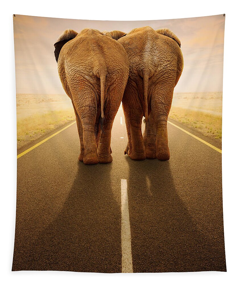 Elephant Tapestry featuring the photograph Going away together / travelling by road by Johan Swanepoel