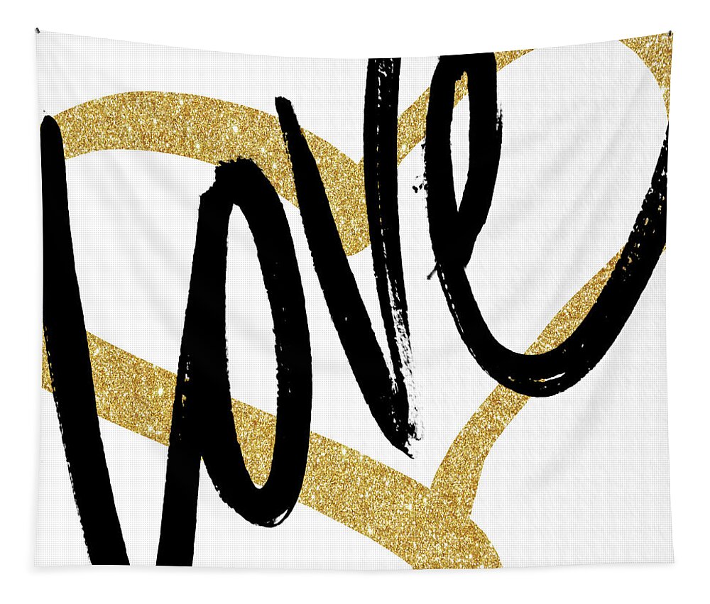 Gold Tapestry featuring the painting Gold Heart Black Script Love by South Social Studio