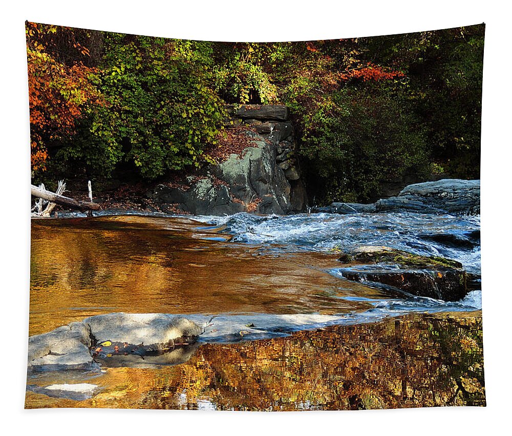 Waterfall Tapestry featuring the photograph Gold Water by the Thetford Bridge by Nancy Griswold