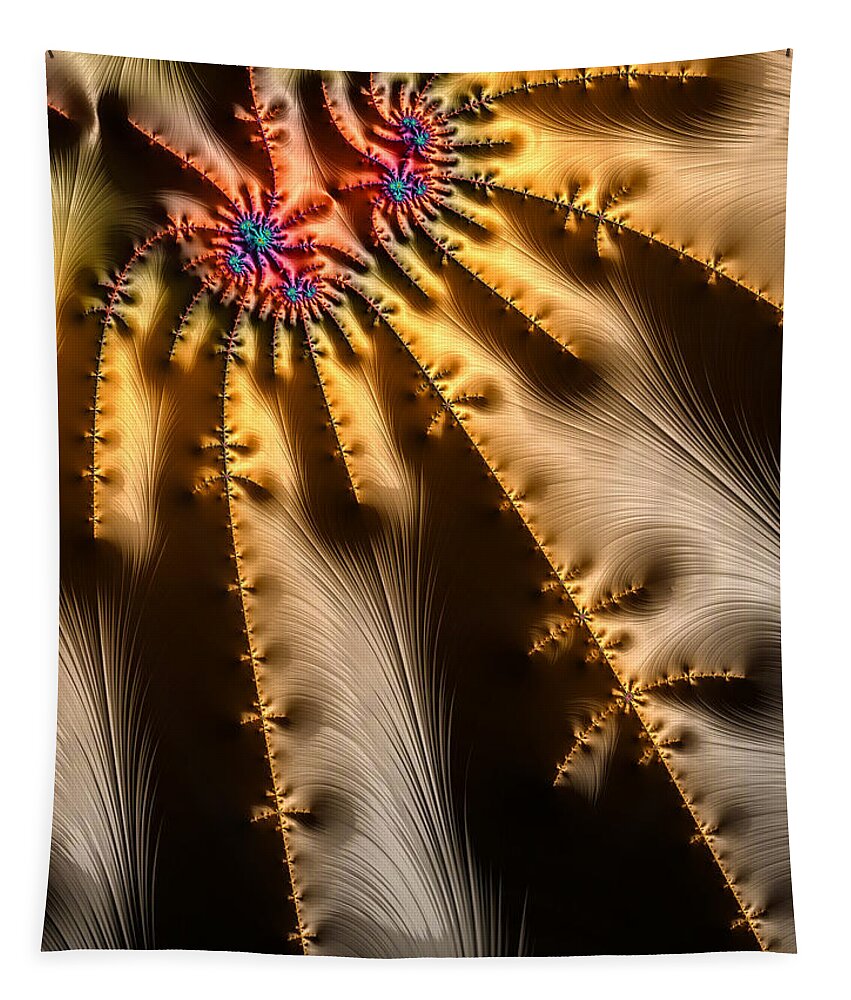 Gold Tapestry featuring the digital art Golden and orange fractal sun beams by Matthias Hauser