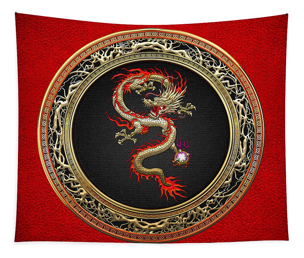 Treasures Of China By Serge Averbukh Tapestry featuring the photograph Golden Chinese Dragon Fucanglong on Red Leather by Serge Averbukh