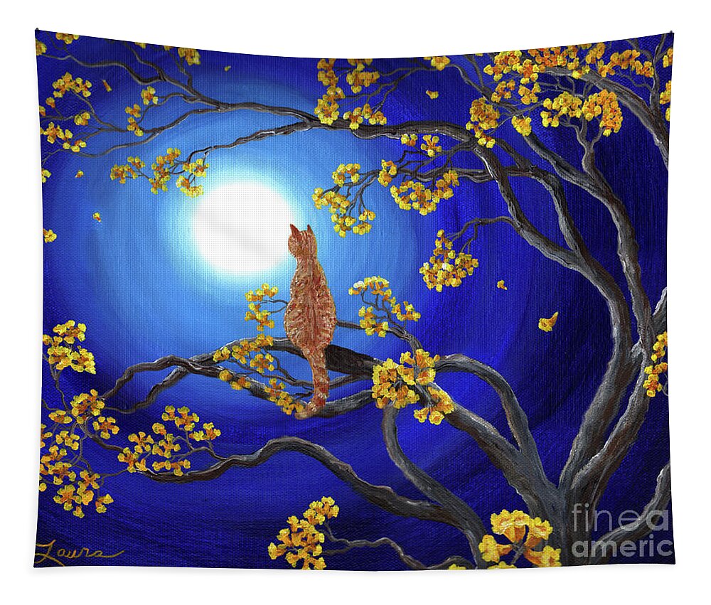 Landscape Tapestry featuring the painting Golden Flowers in Moonlight by Laura Iverson