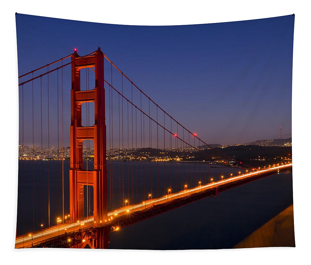 America Tapestry featuring the photograph Golden Gate Bridge at Night by Melanie Viola