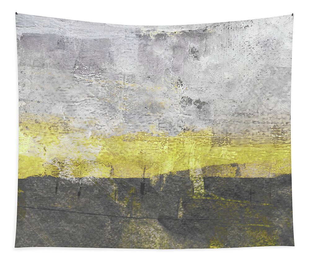 Abstract Tapestry featuring the painting Golden Horizon Minimalist Landscape by Janine Aykens